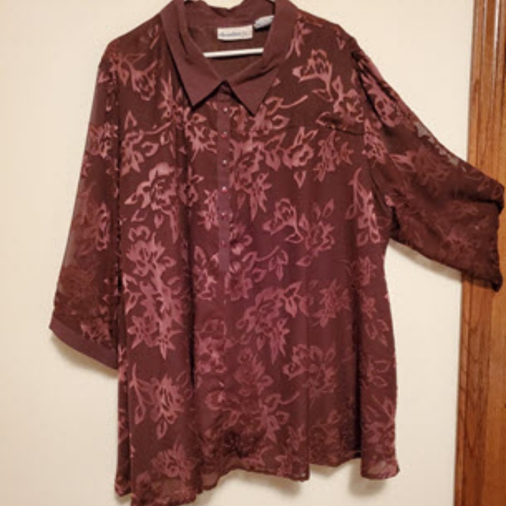 Brown burnout top w/rose designs & attached lining